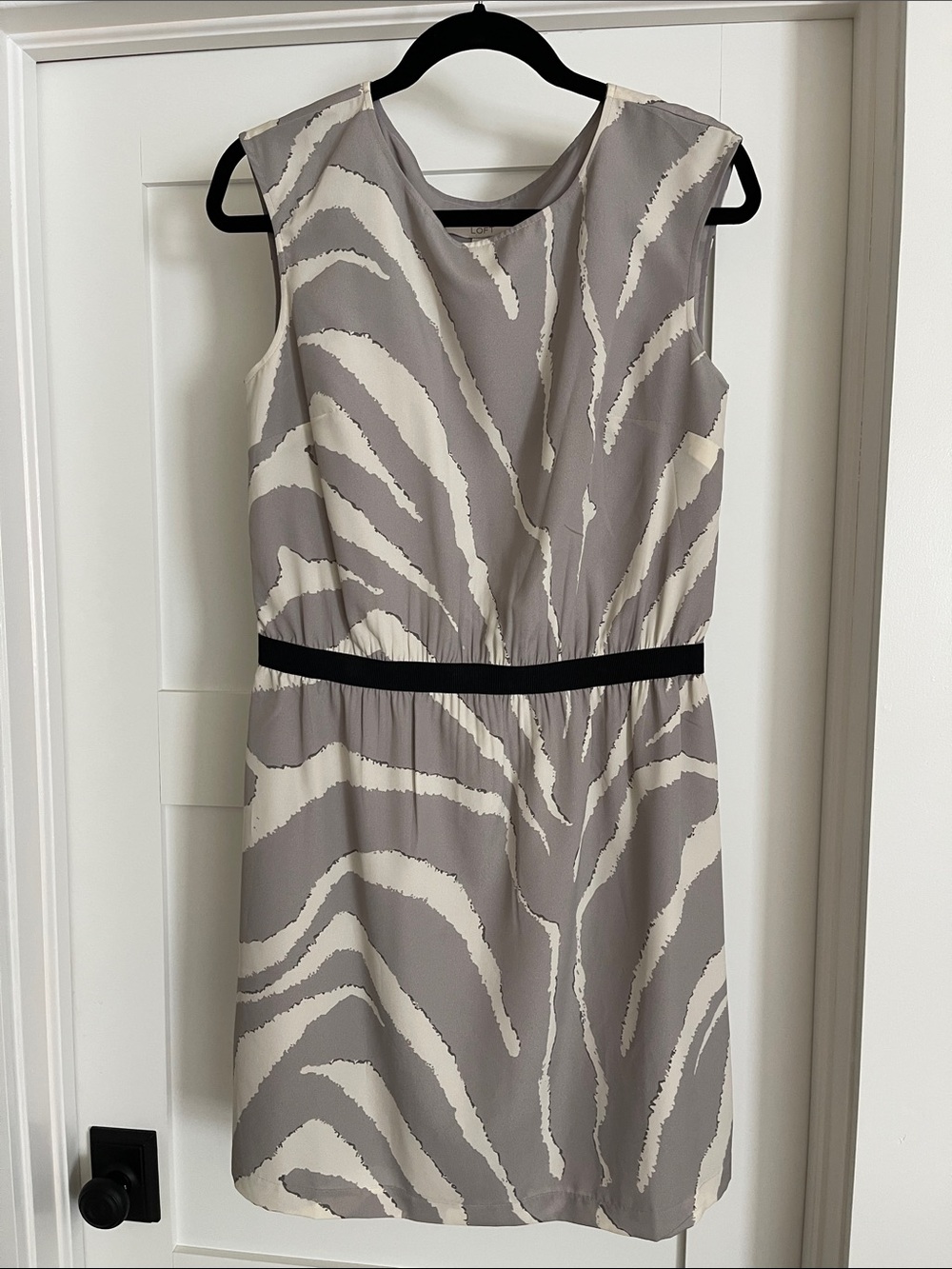 LOFT Sleeveless Zebra-Print Dress in Gray and Cream with Black Belt